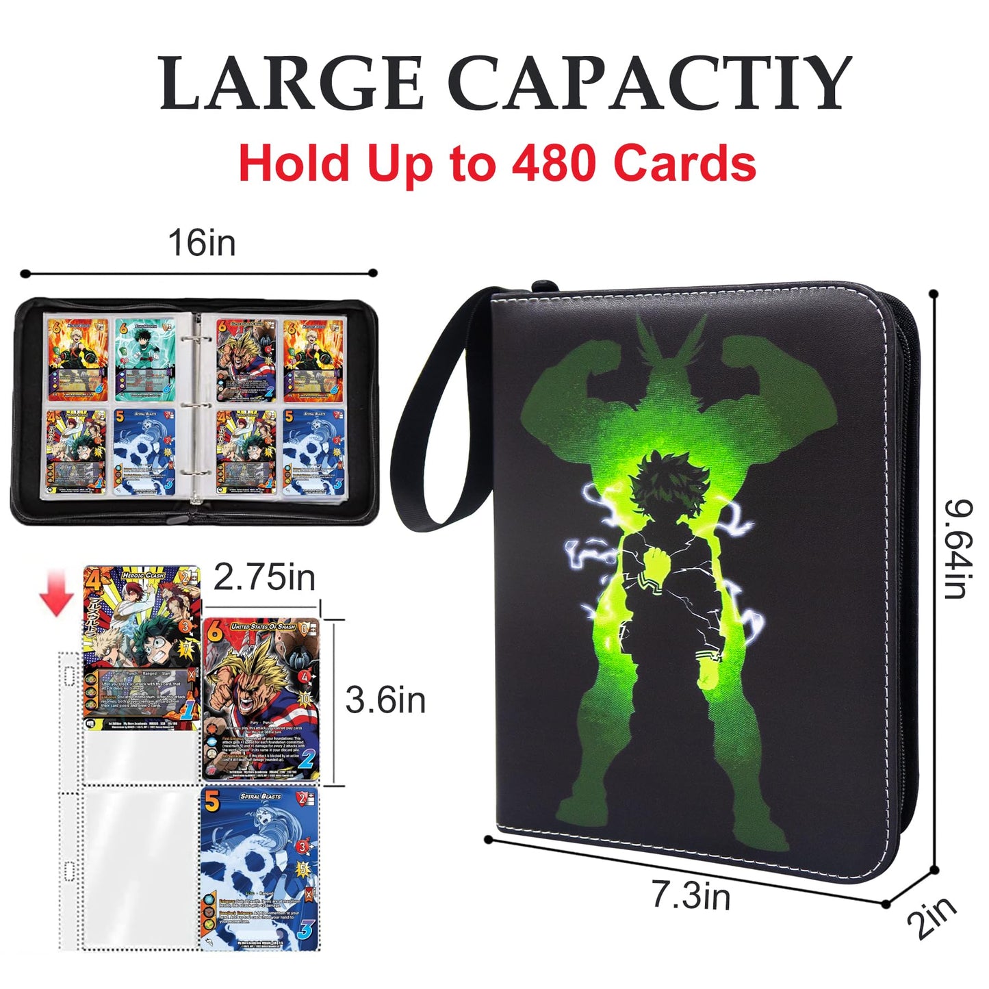 Trading Card Binder for Anime Cards 4 Pocket with 60 Sleeves up to 480 Cards Waterproof Card Storage Bag with Removable Sleeves for Anime and TCG Cards