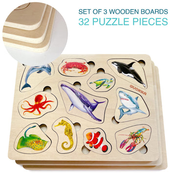Quokka Wooden Puzzles For Toddlers 1-3 - 3Xset Toddler Puzzles Aes 2-4 - Montessori Animal Toy Puzzles For Toddlers 3-5 Year Old - Wood Toy Learning Realistic Animals For Boy And Girl