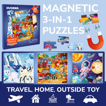 Quokka Magnetic Puzzles Puzzles For Toddlers 2-4 - 24 Pcs Travel Puzzles Games For Kids Ages 3-5 By Quokka - Animal Space Dino Car Activities Toy For Boys & Girls 2-4 Yo - Learning Magnet Gift