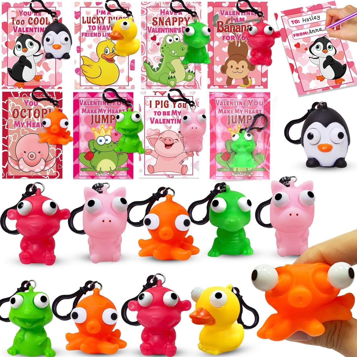 Valentines Day Gifts for Kids 28 Pack Valentines Cards with Squeeze Animals with Popping Eyes Keychains Bulk, Sensory Fidget Toy