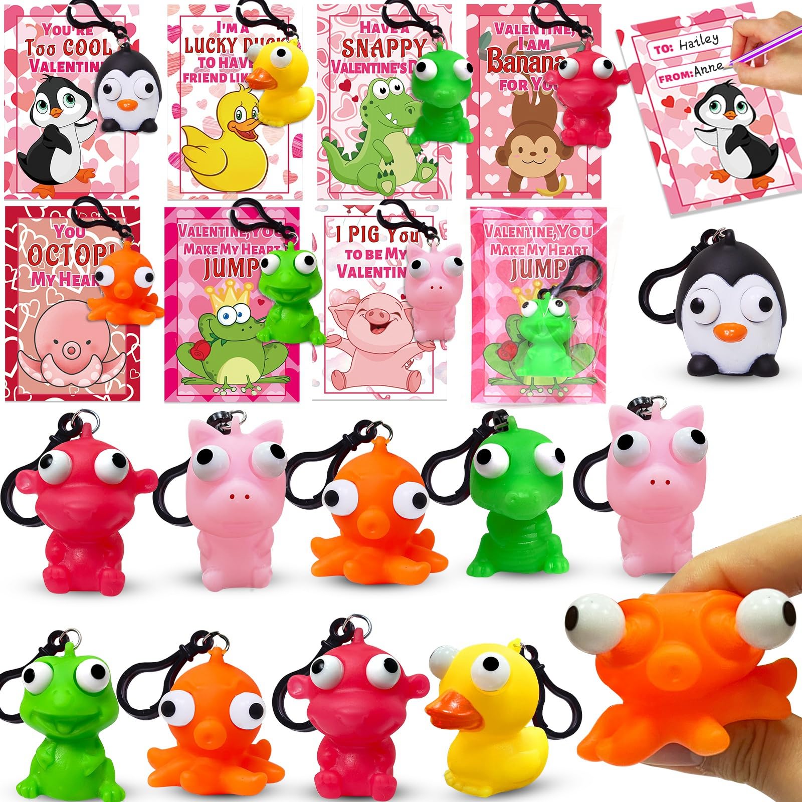 Valentines Day Gifts for Kids 28 Pack Valentines Cards with Squeeze Animals with Popping Eyes Keychains Bulk, Sensory Fidget Toy