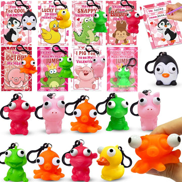 Valentines Day Gifts for Kids 28 Pack Valentines Cards with Squeeze Animals with Popping Eyes Keychains Bulk, Sensory Fidget Toy
