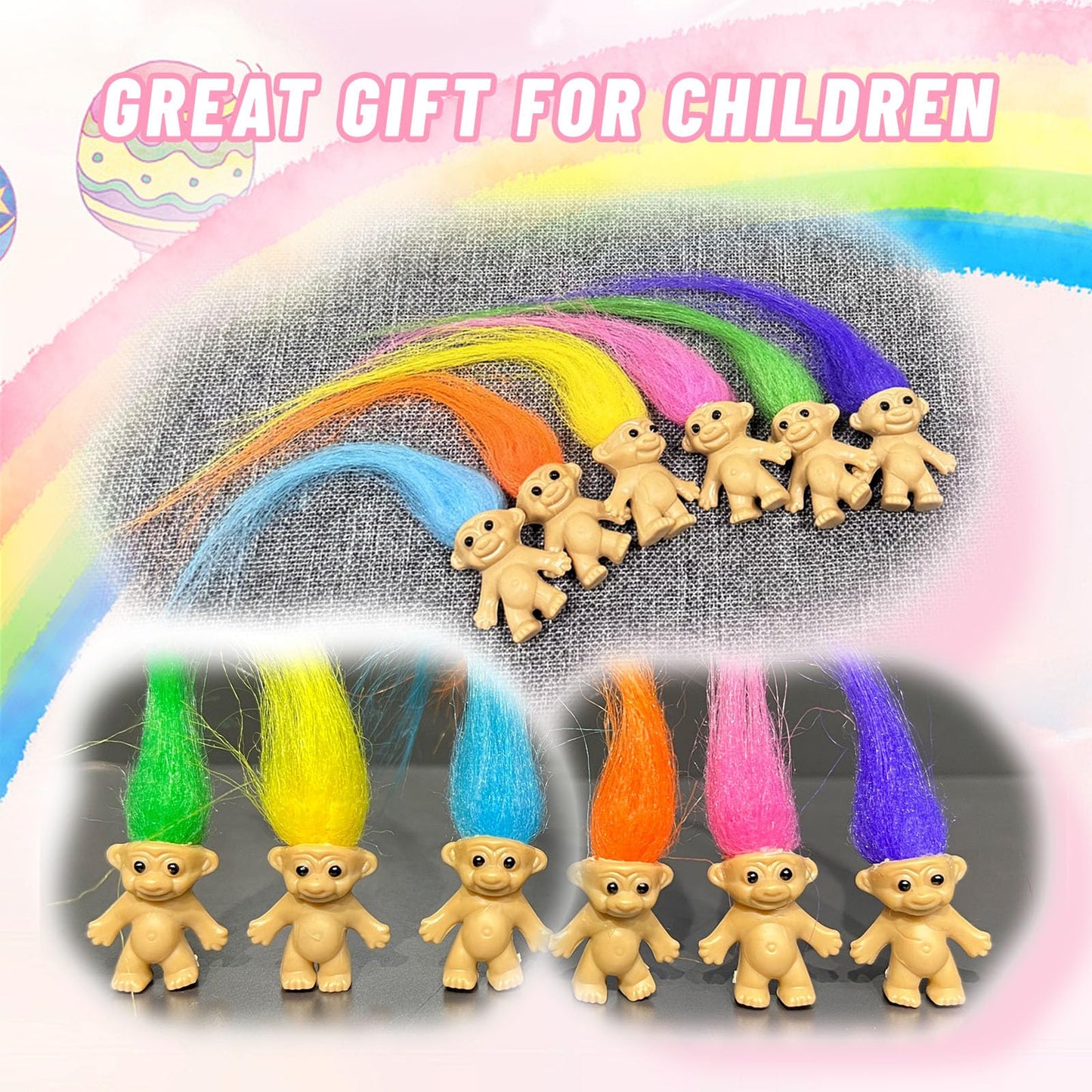 30pcs Long-haired Lucky Mini Troll Dolls, Assorted Hair Colors, 0.78'' Bodies, 2'' Hair. Cake Toppers, Action Figures, School Pr