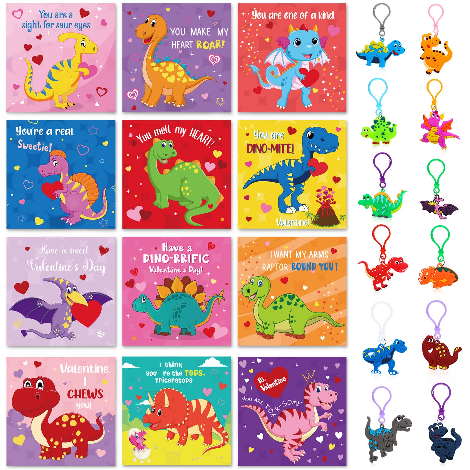 24 Pieces Valentines Day Gifts for Kids Cartoon Cards with Keychains, Valentines Greeting Cards for Classroom Exchange Cards an