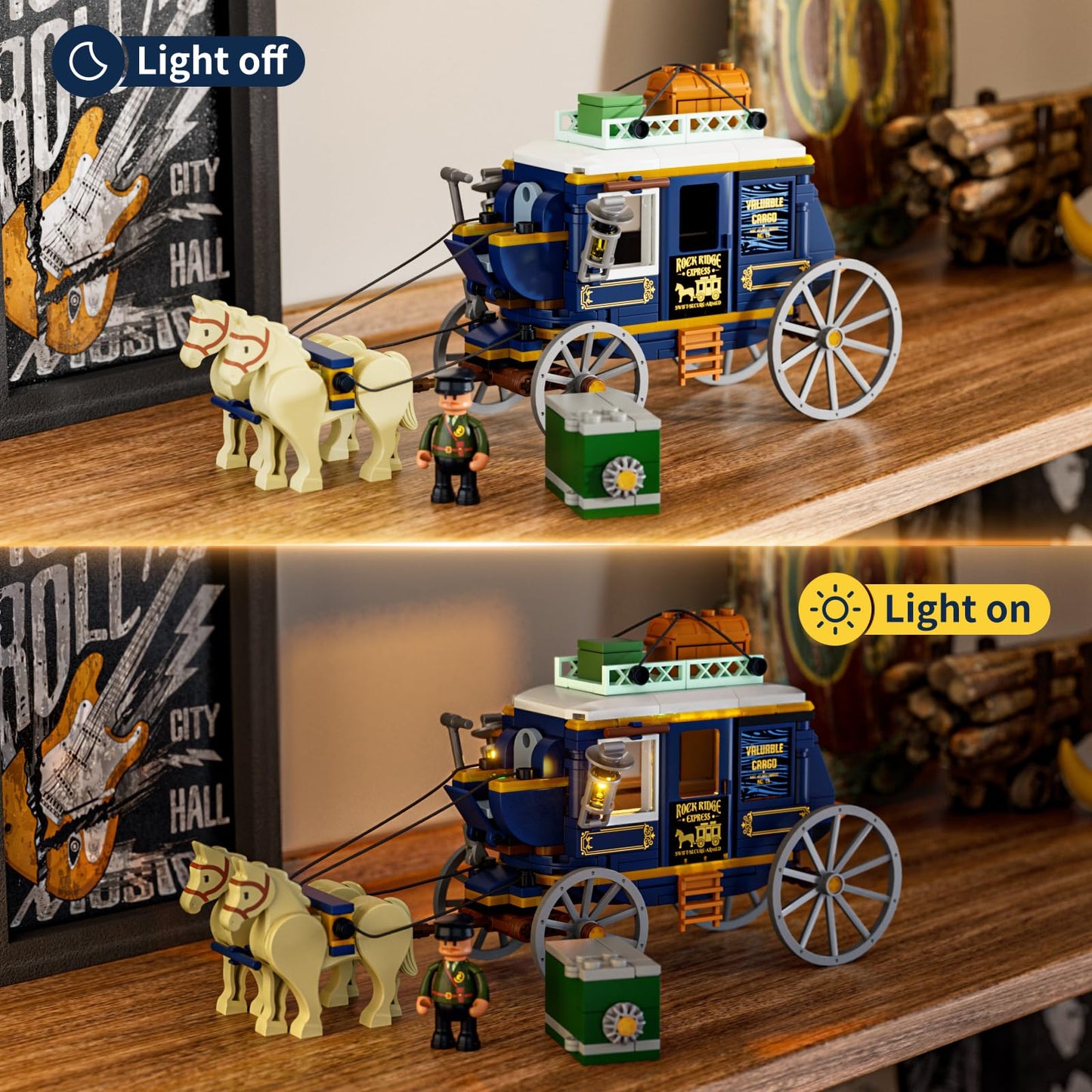 Lumibricks Western Treasure Stagecoach Lighting Building-Bricks Set - Old West Carriage and Horse 307 Pcs Collection Display Set for West Lovers
