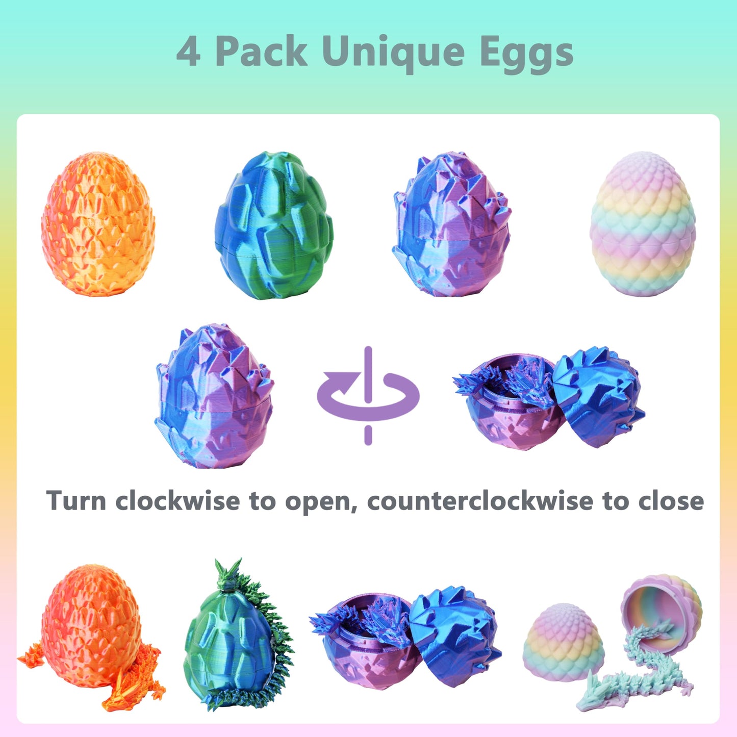 UXBSTM Officially Licensed 4 Pack 3D Printed Dragon Set with Unique Eggs  Mini Mystery Crystal Dragon Easter Egg Fillers Toys  Surprise Gift 3D Printed Animals Fidget Toys  Christmas Toy 2025