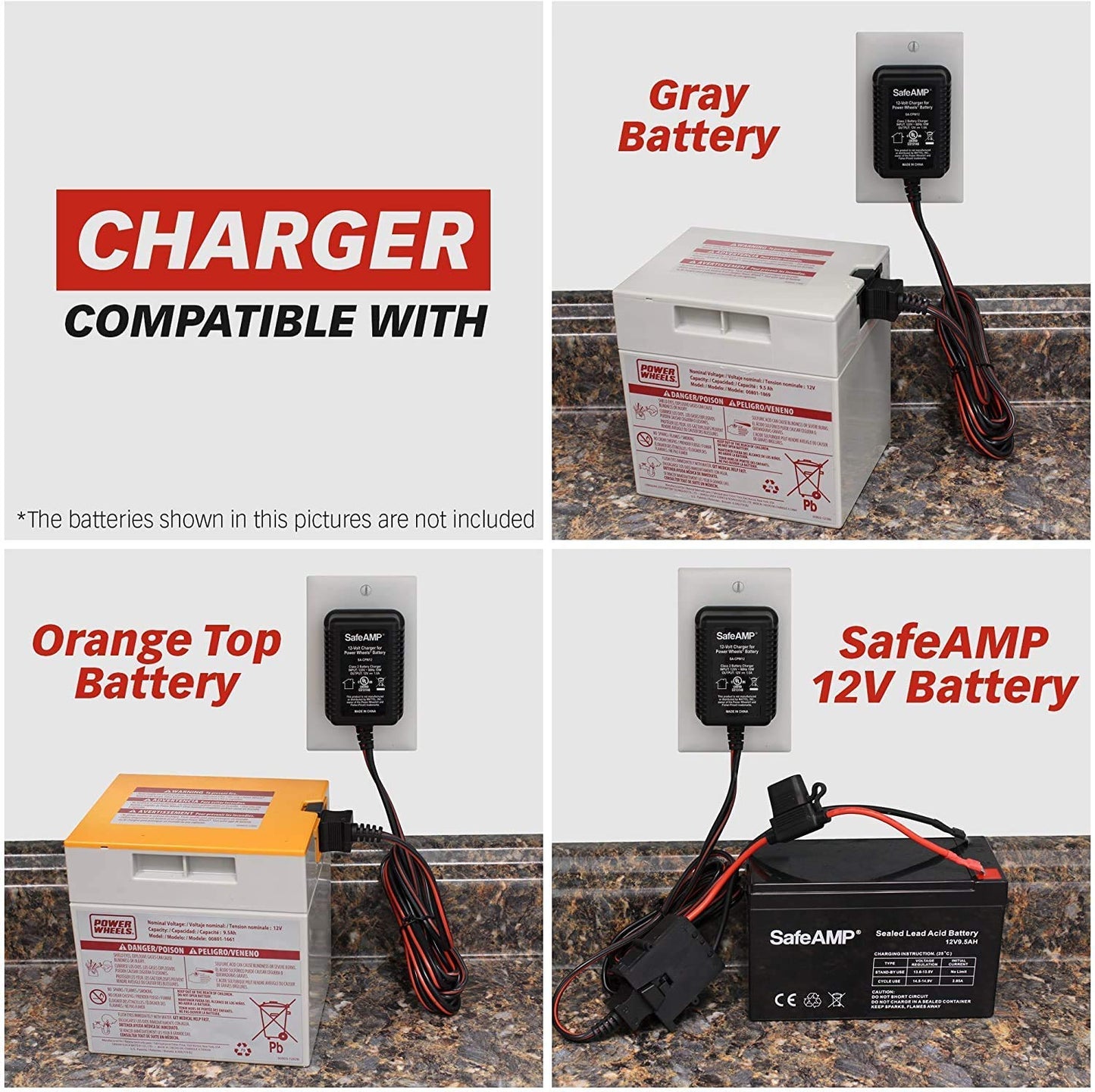 SafeAMP 12-Volt Charger for Power Wheels Gray Battery - Model SA-CPW12, Black Color