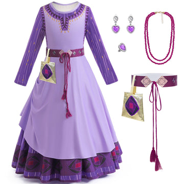 Grivos Wish Asha Dress Costume For Girls Princess Dress Up Kids Cosplay Outfits Halloween Christmas Party, Wish Purple, 110 (3-4T)