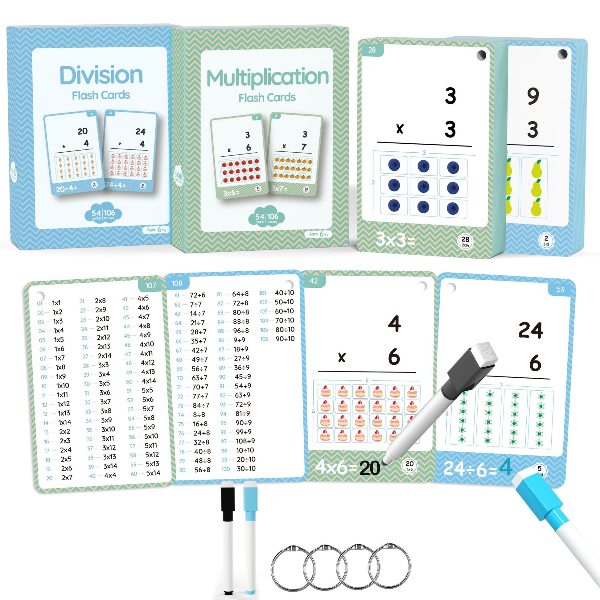 110 Cards, 212 Pictures Educational Math Flash Cards, Mul Div Multiplication Division Flash Cards, For Toddlers 7,8,9,10,11 Year