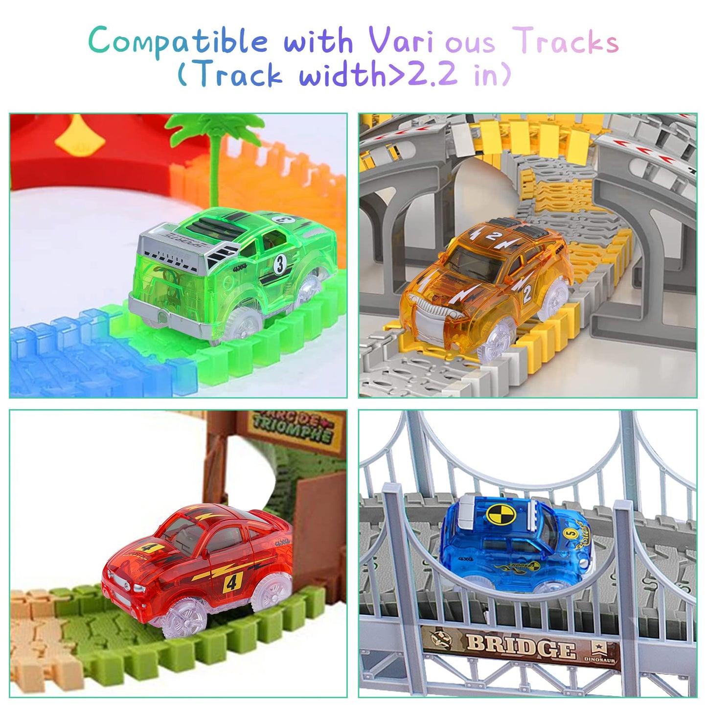 Track Cars Magic Toy Gifts 4 Pack Replacement Track Cars For 3 4 5 6 7 8 Years Old Kids Boys Girls Toy Track Cars With 5 Led Lights Glow In The Dark Compatible With Most Tracks