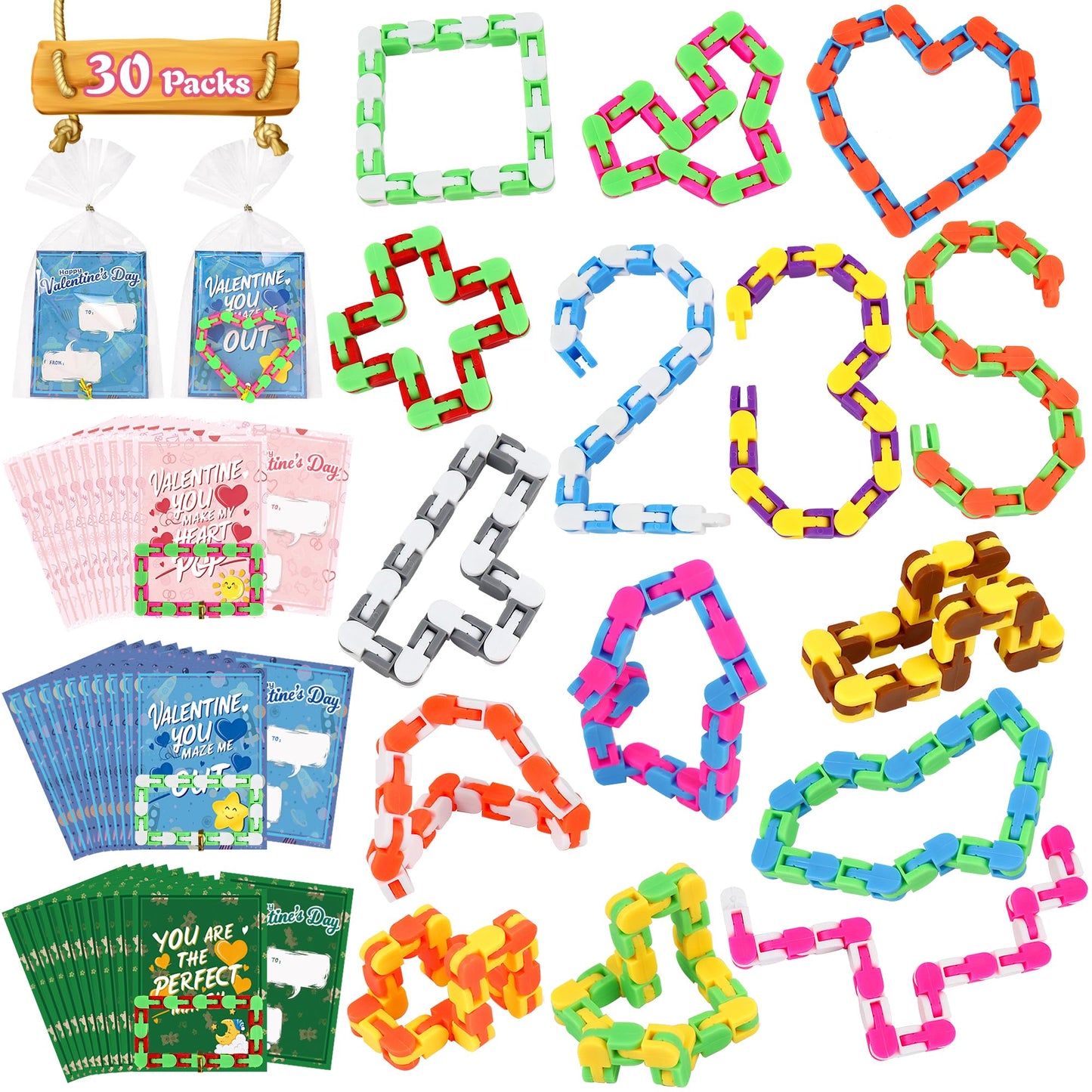 Dbpbtou 30 Pack Valentines Day Gifts For Kids-Wacky Tracks With Valentines Cards, Fidget Snake Puzzles Toys For Stress Relief, V