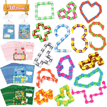 Dbpbtou 30 Pack Valentines Day Gifts For Kids-Wacky Tracks With Valentines Cards, Fidget Snake Puzzles Toys For Stress Relief, V