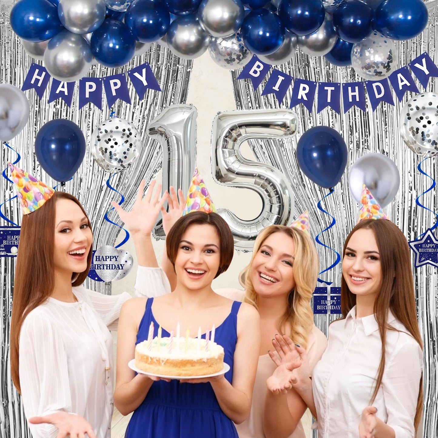 15Th Birthday Decorations For Boys And Girls Blue Silver, Happy 15Th Birthday Decorations Banner Birthday Balloons Number 15 Tab