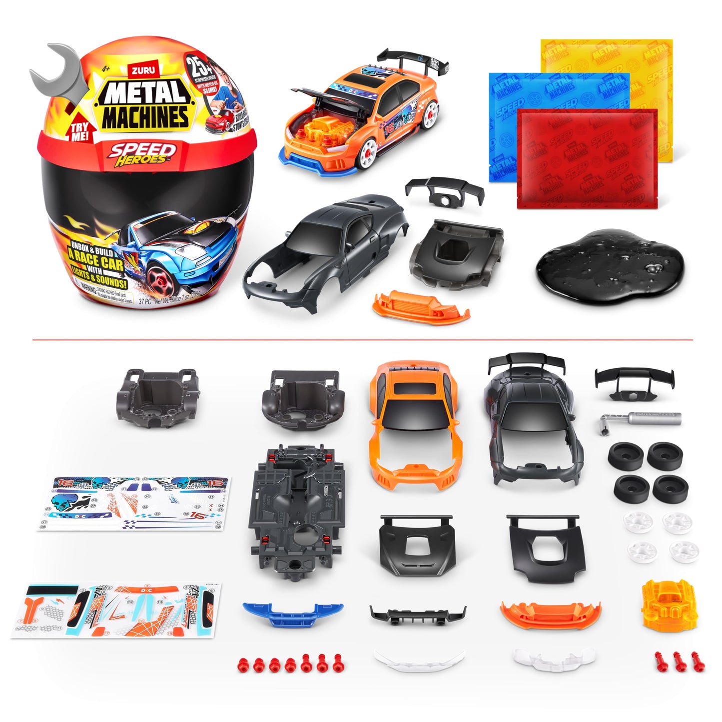 Metal Machines Speed Heroes Car Kit - Build Your Own, 20+ Surprises, Silver, Model 67125, Lights & Sounds, Plastic