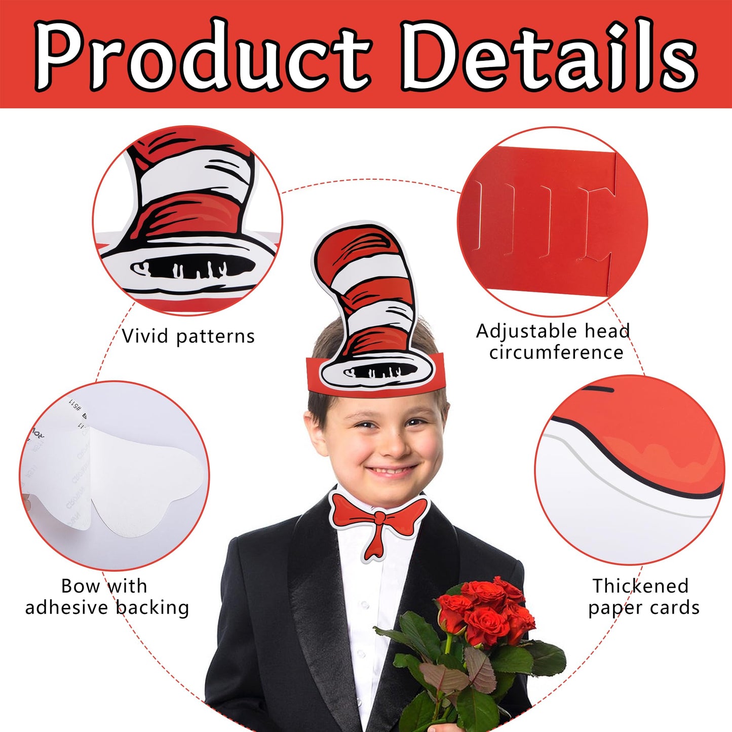 Wehhbtye 24 Pcs White and Red Striped Paper Hats and Bow Tie, Red Cat Costume Top Hat with Glue Point, Circus Paper Headwear for