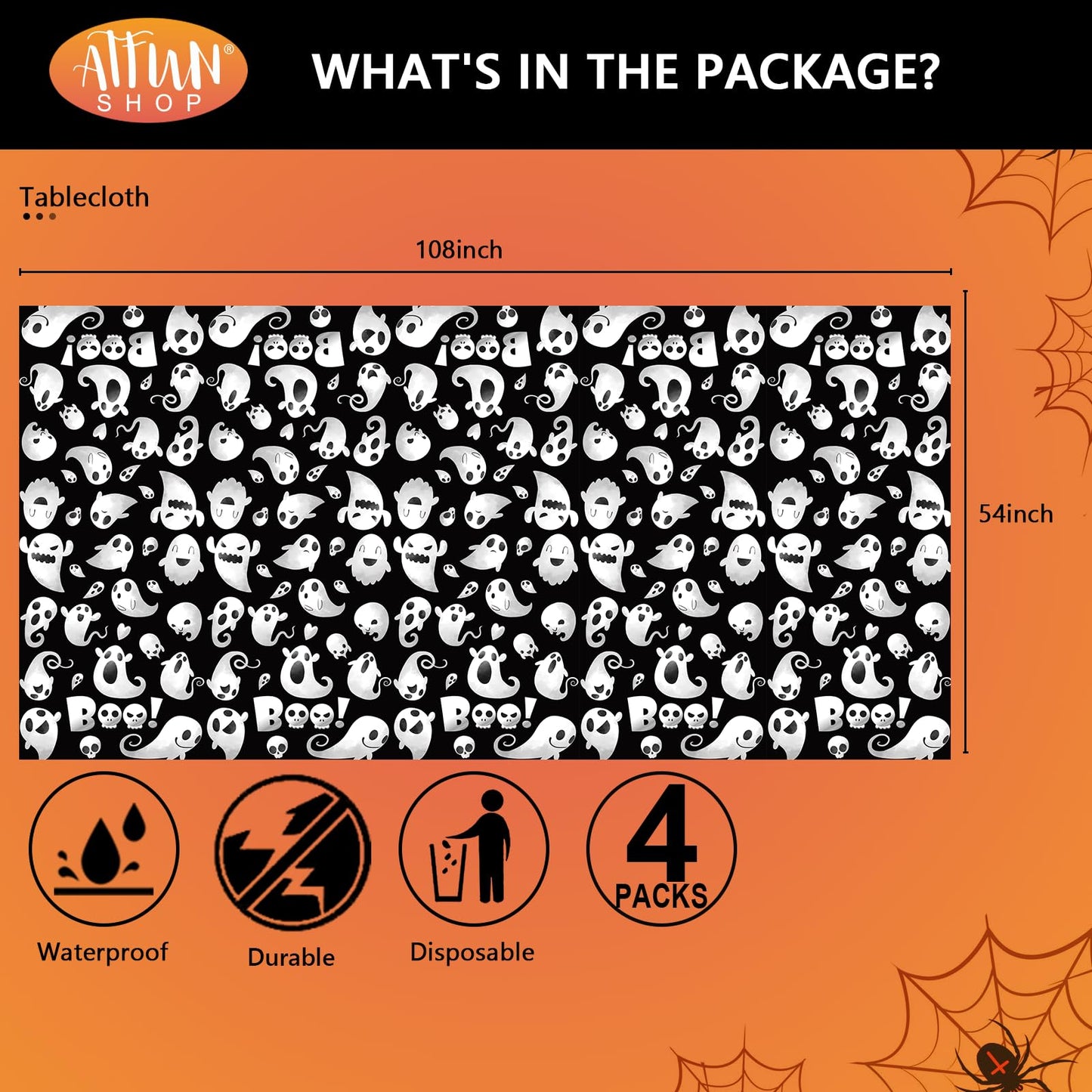ATFUNSHOP Halloween Tablecloth Plastic 4PACKS 54 X 108 Rectangular Ghost Disposable Table Cover Waterproof Spillproof Table Clot