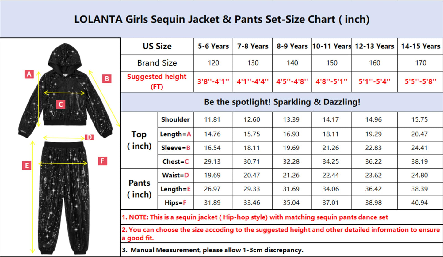 Lolanta Girls Sequin Jacket Dance Trouser Sequin Black Dance Outfits Spring Coat Hip-Hop Dance Costume (Black, 5-6 Years)