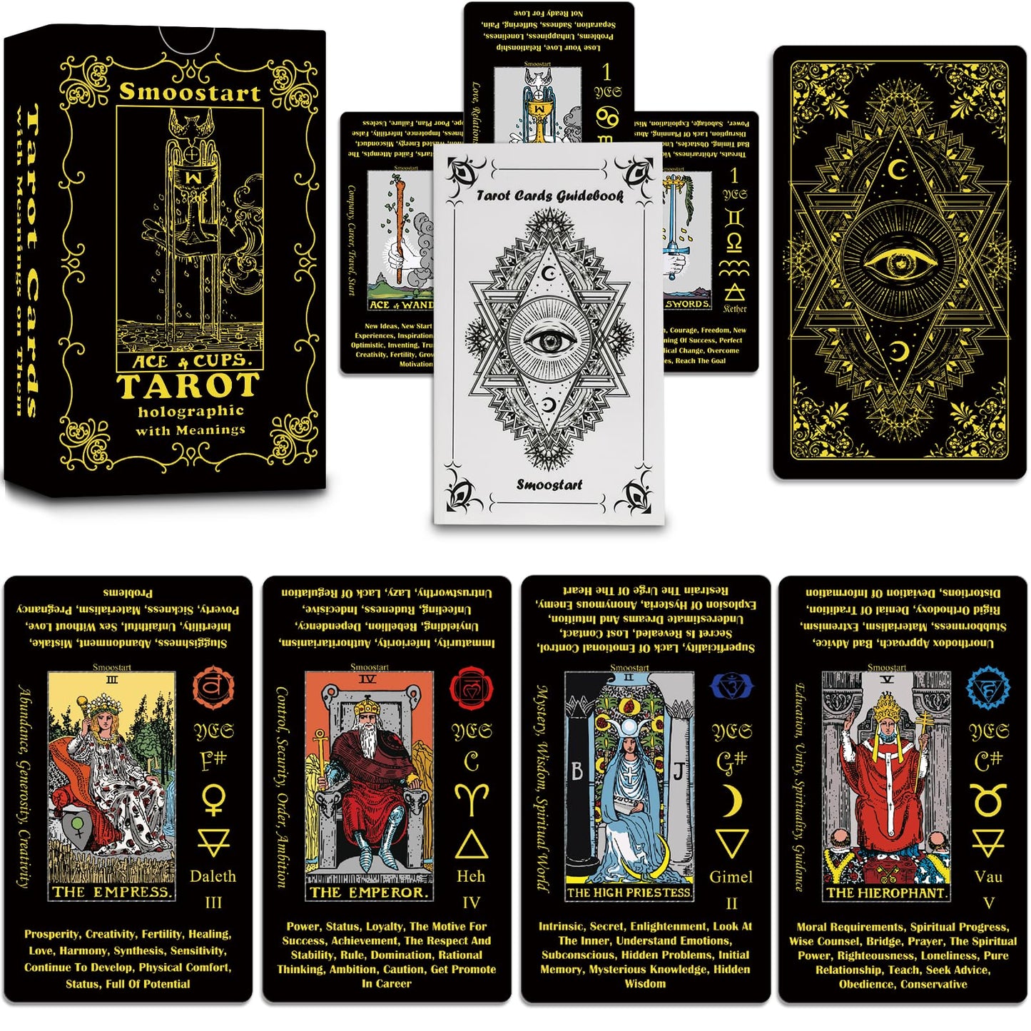 Smoostart Tarot Cards With Meanings, Tarot Cards Deck With Guidebook For Beginners, Keywords, Element, Planet, Zodiac, Chakra, Yes Or No, Musical Pitch, Numerology, Hebrew Alphabet