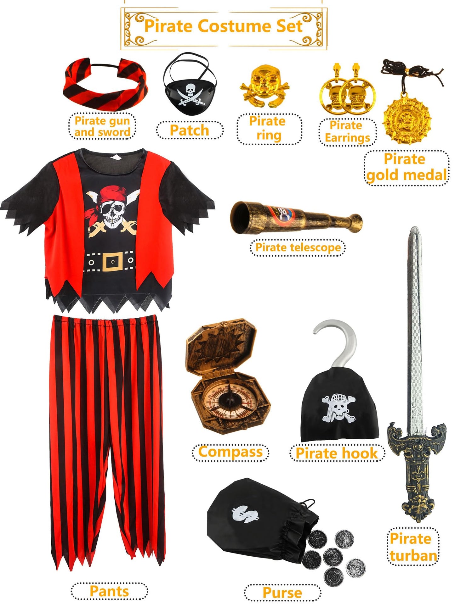 Kids Pirate Costume Set Pirate Captain Dress Up Outfits Playset For Boys Girls Halloween Role Play Party Cosplay