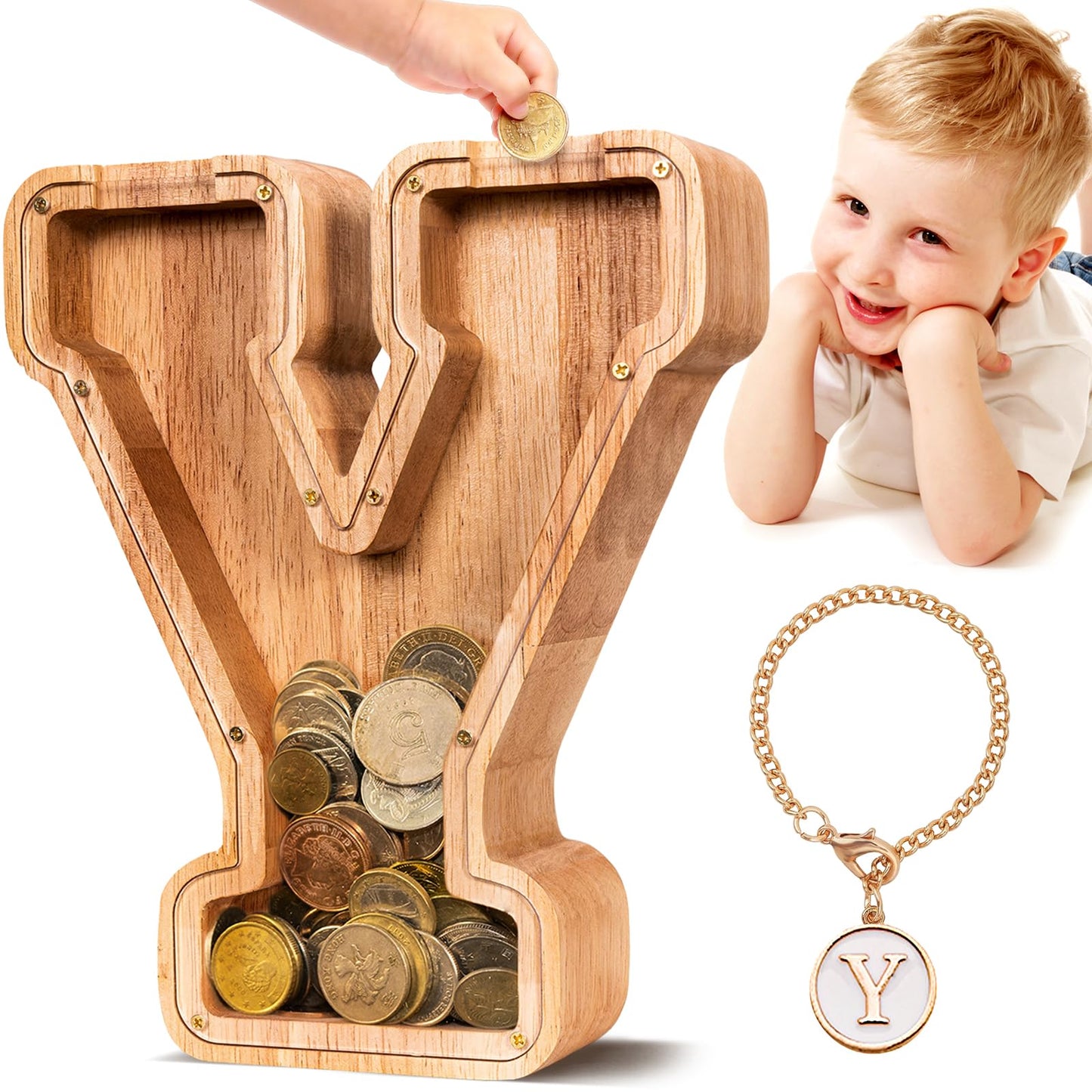 SummiDate Wooden Letter Piggy Bank| Piggy Bank for Boys Girls Toddler| Alphabet Y Money Bank| Coin Bank Birthday Gift for Kids|Birthday Gift for Kids (Y)