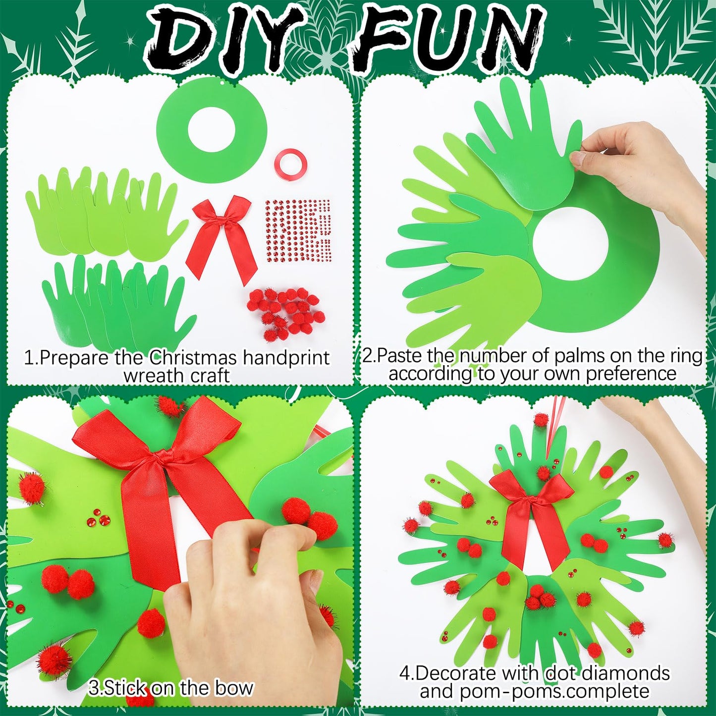 Hollowfly Christmas Handprint Wreath Craft Kit - DIY Paper Ornaments, Multicolor, Model DUC-Hollowfly-3701 for Home & School Activities