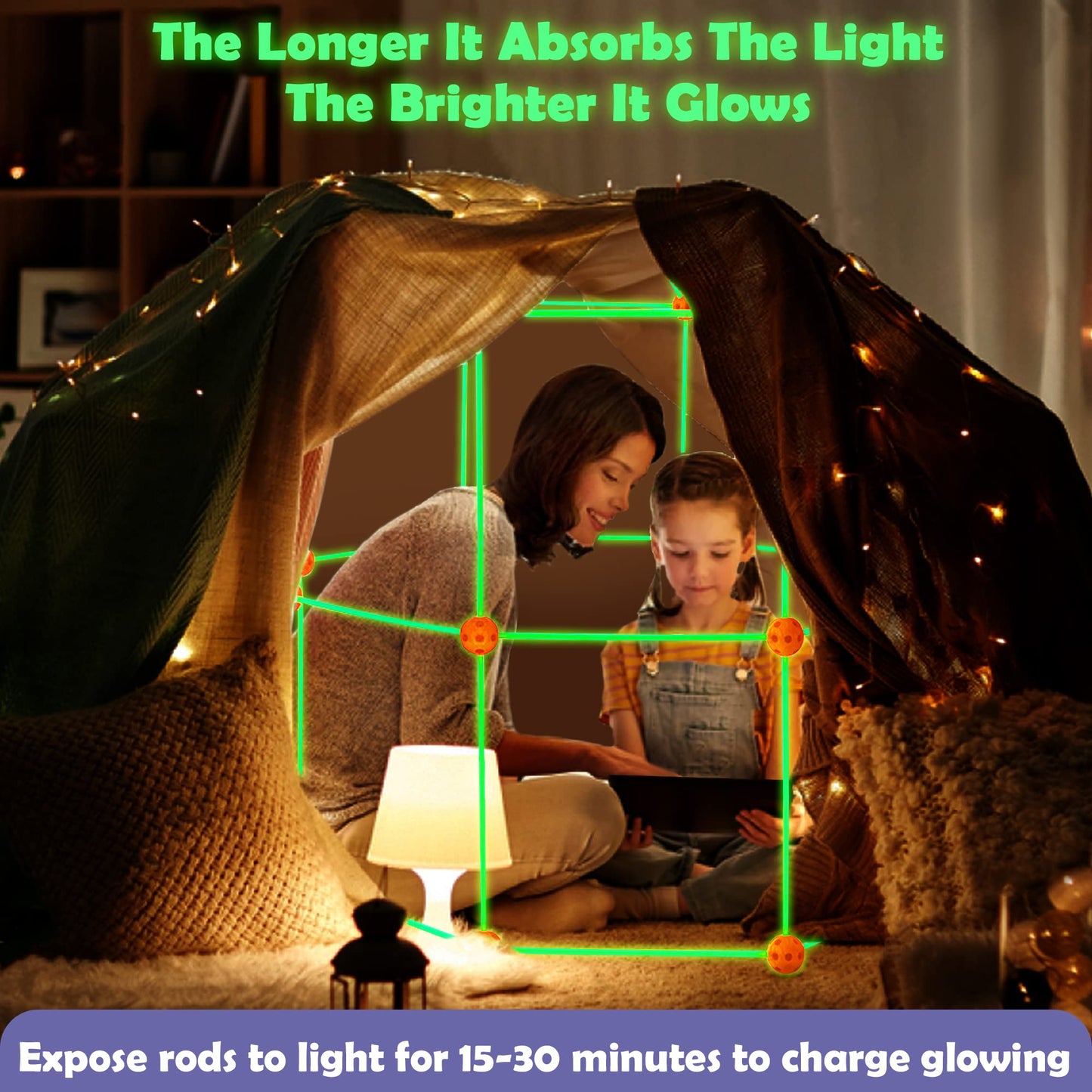 Tiny Land Glow Fort Building Kit for Kids Creative Fort Indoor & Outdoor Construction Toys with 86 Rods and 44 Balls for 5-12 Ye