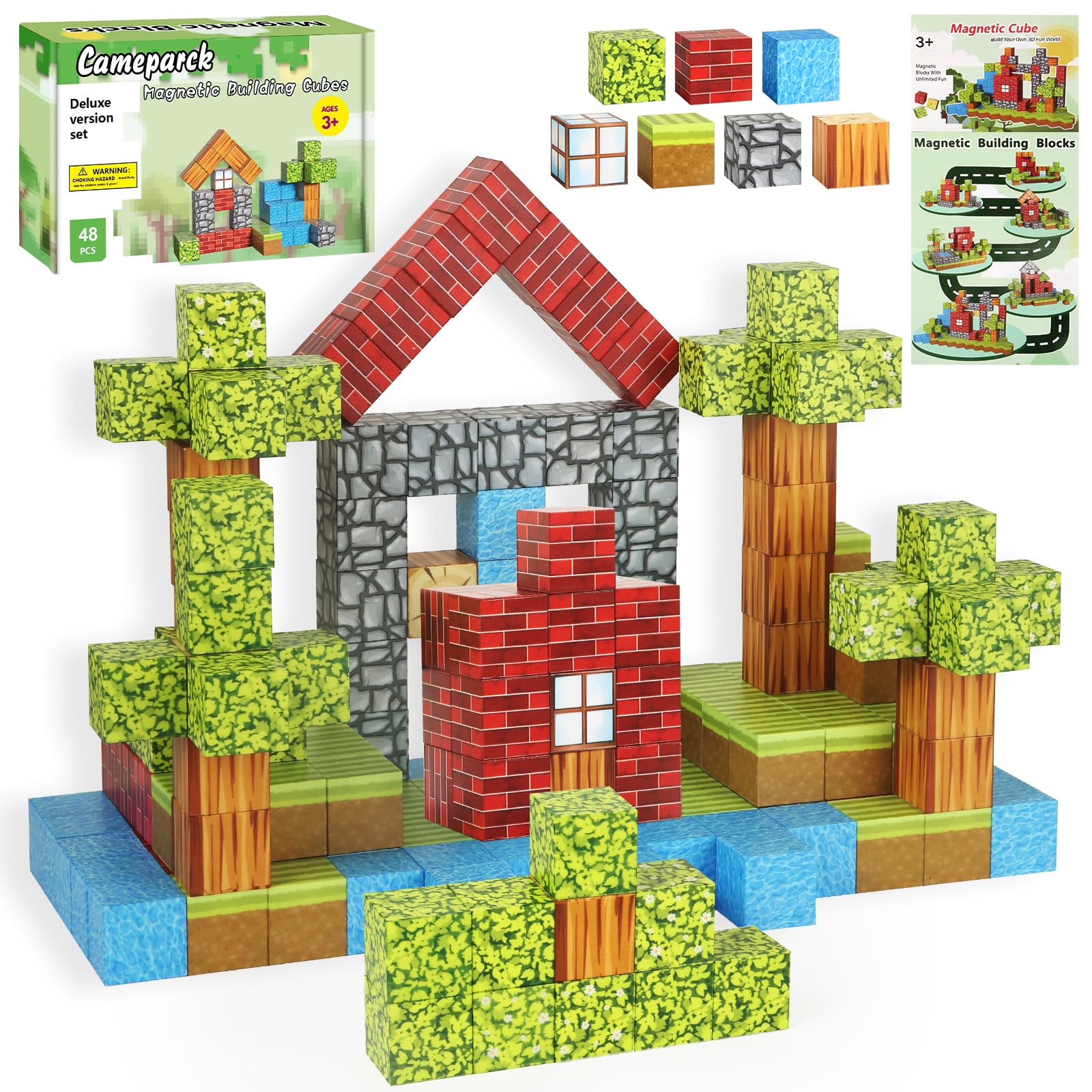 Cameparck Magnetic Blocks Building Toys  Magnetic Tiles STEM Montessori Sensory Toys for Kids Age 3+  Cubes Construction Toys Christmas Birthday Gifts for Boys & Girls - 48pcs(1 in)|Forest World