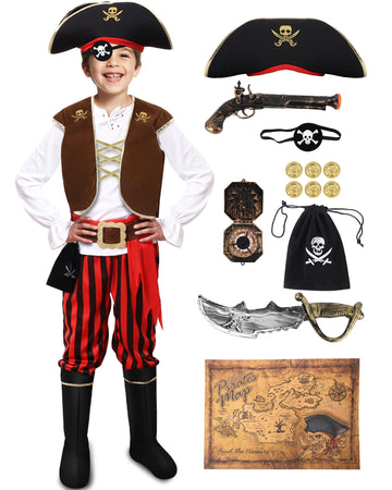 PARTTELY Pirate Costume Set for Boys  Kids Pirate Costume Set for Toddler Halloween Dress Up  Themed Party (8-10Y) Red