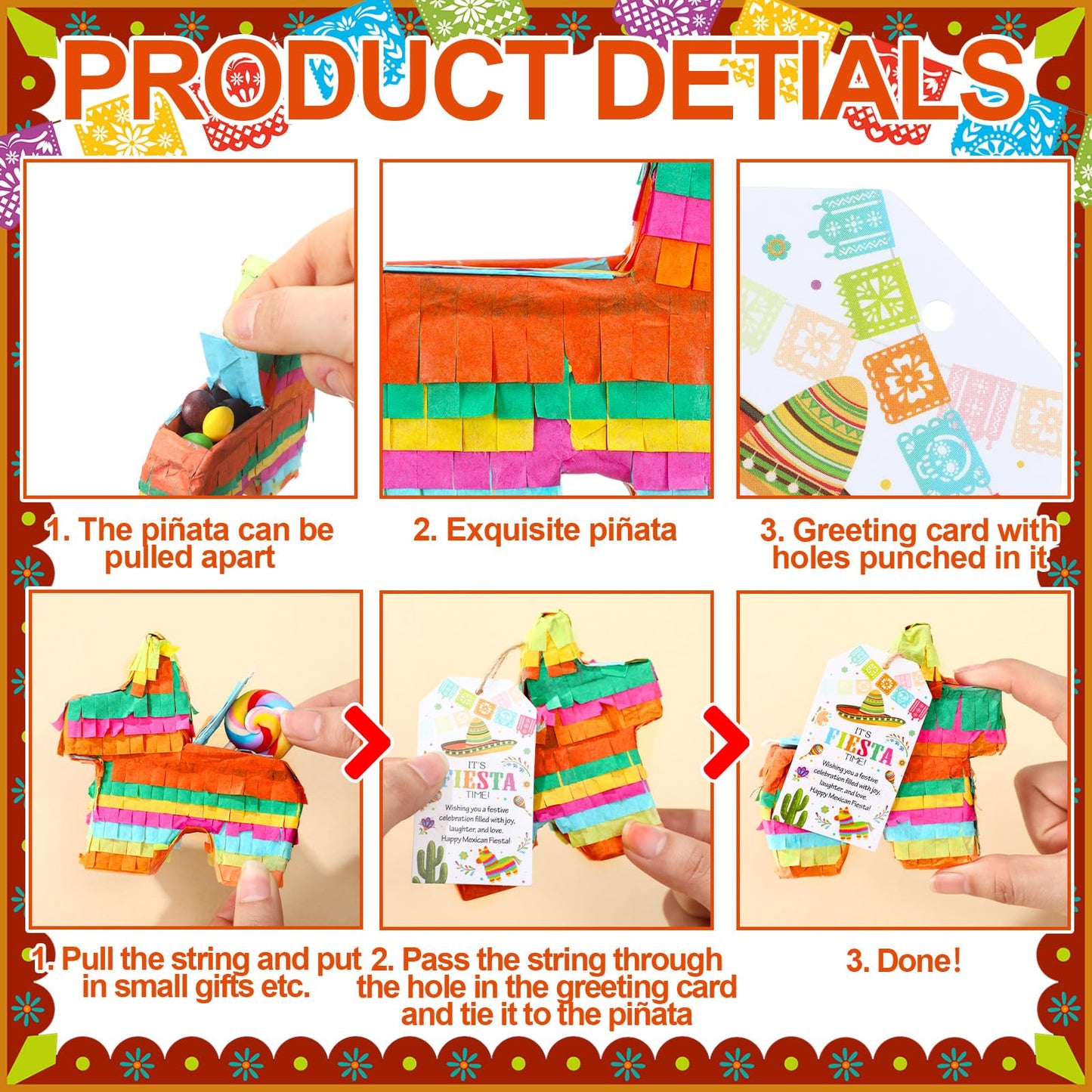 6 Pcs Mini Donkey Pinatas for Fiesta Birthday Party Supplies 4 x 4 Inches Cinco De Mayo Small Pinata with Greeting Card for Cinc