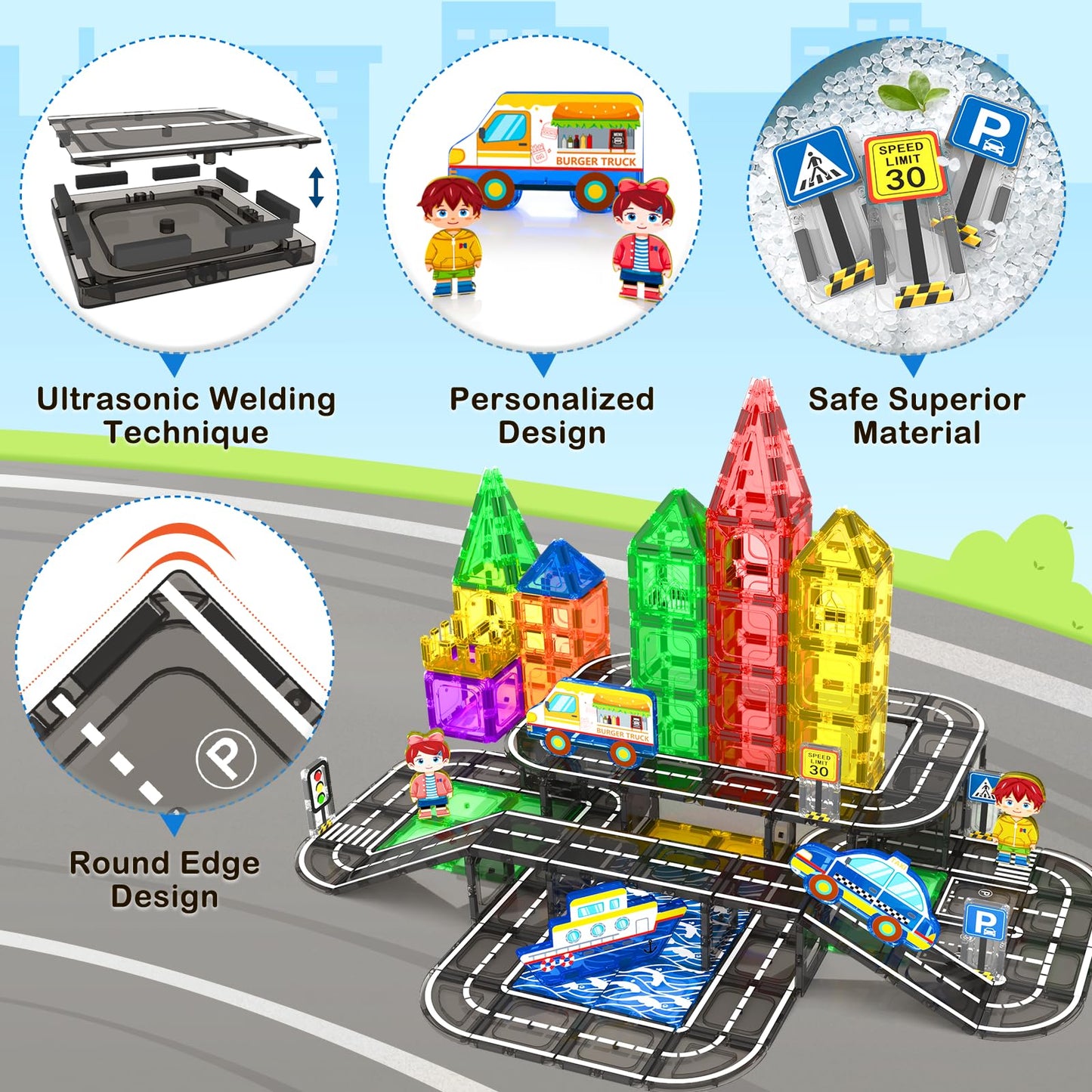 112PCS Magnetic Tiles Road Set - Magnetic Building Tiles with Vibrant Color & Ultra Magnet Strength for Toddlers & Kids Ages 3-8