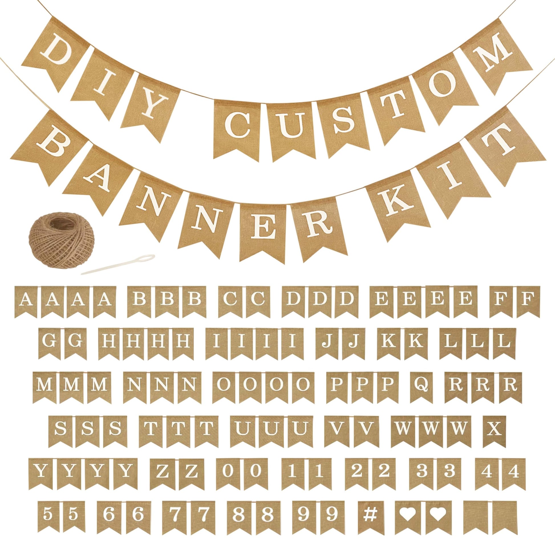 Custom Banner Kit, 97 Burlap Flags, White Printed Letters Numbers, 120Ft Twine String & Needle, Diy Customizable Personalized Ba