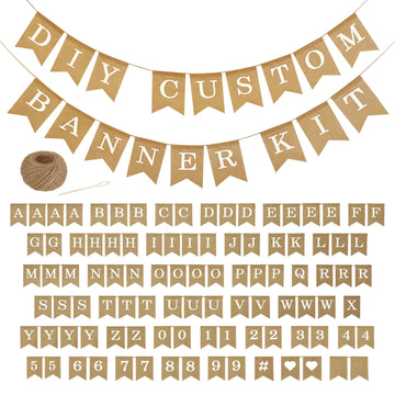 Custom Banner Kit, 97 Burlap Flags, White Printed Letters Numbers, 120Ft Twine String & Needle, Diy Customizable Personalized Ba