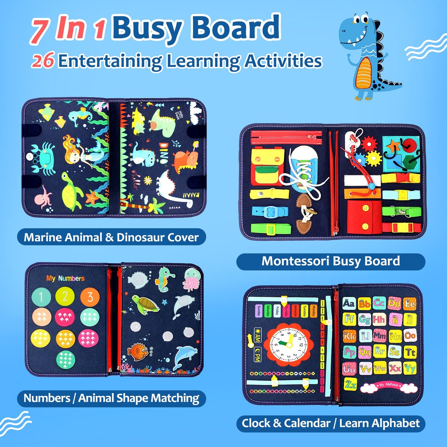 Qizfun Busy Board Montessori Toy - Educational Sensory Activity for 1-4 Years, Medium Size, Soft Felt Fabrics, Blue Model QIZBBXPRO