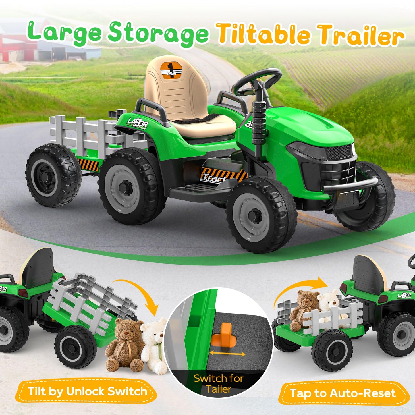 Anpabo 24V Ride On Tractor W/Tiltable & Detachable Trailer, Eva Tires, Up To 4.3Mph, Ride On Toys With Parental Remote, Realistic Tractor Sound & Chimney, Music Player, Led Light, Green