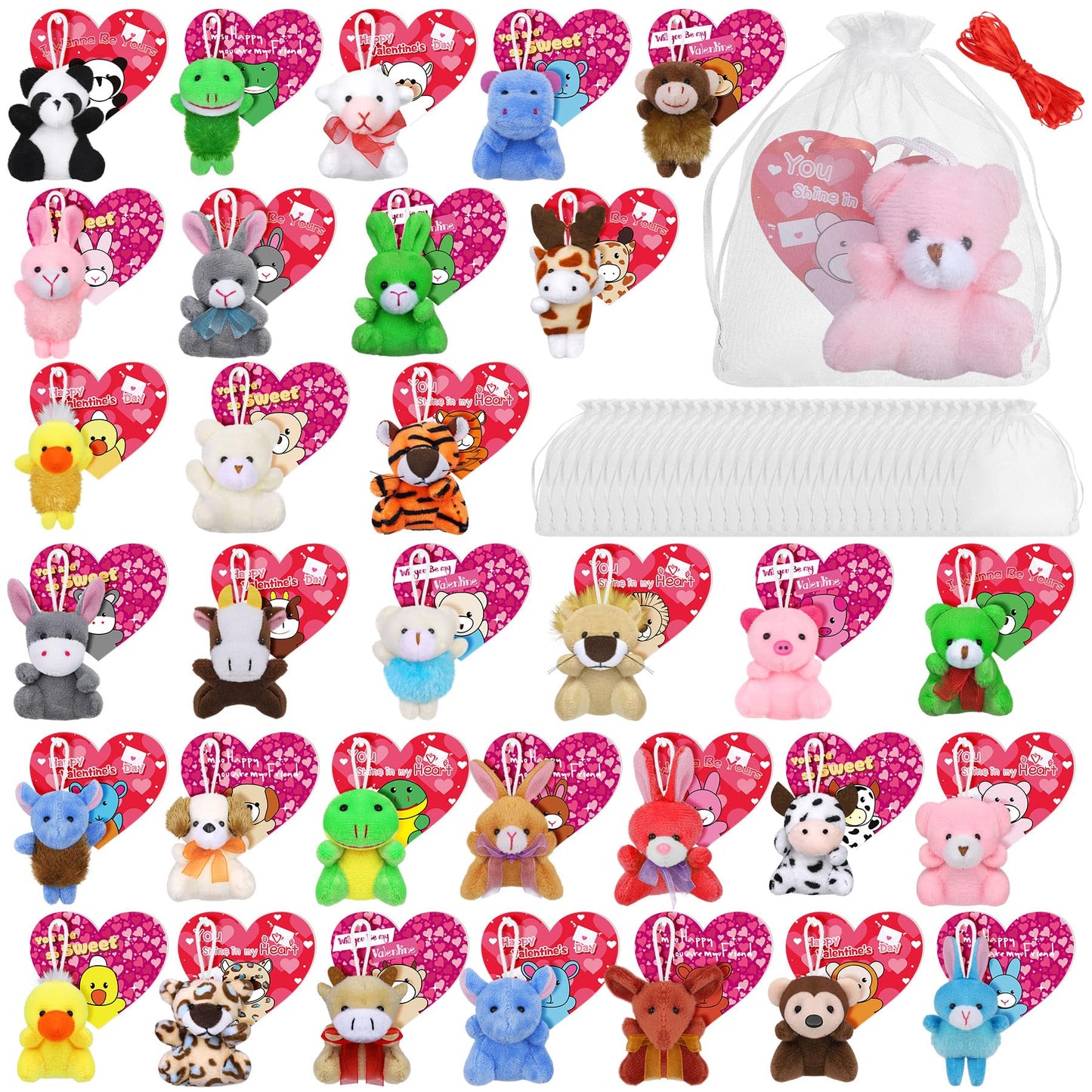 Fovths 32 Packs Valentine'S Day Mini Stuffed Animal With Heart Cards Jungle Animals Plush Toy Keychain For Valentines Day Gifts