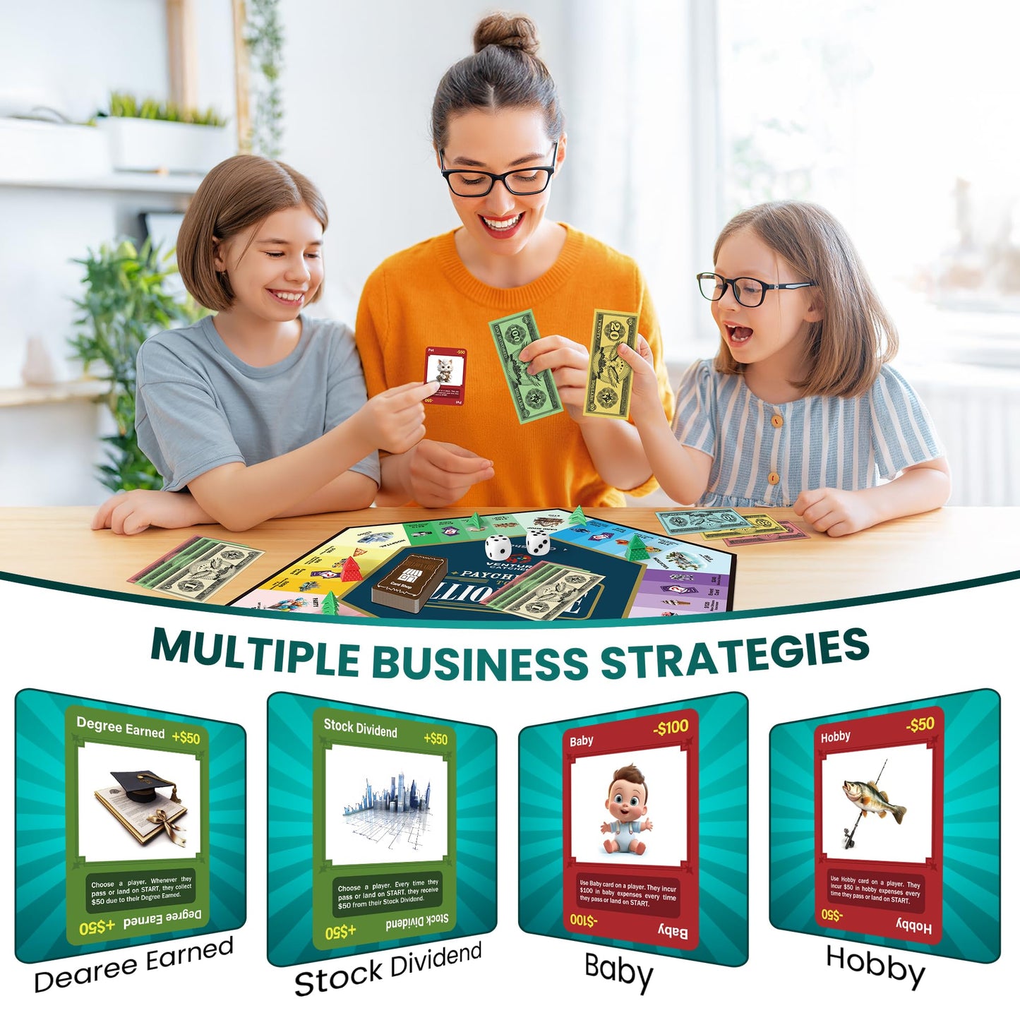 VENTURE CATCHER Paycheck to Billionaire Board Game - Dark Green, 11x11 inches, Cardboard - Fun for Ages 8+ and Family Game Nights
