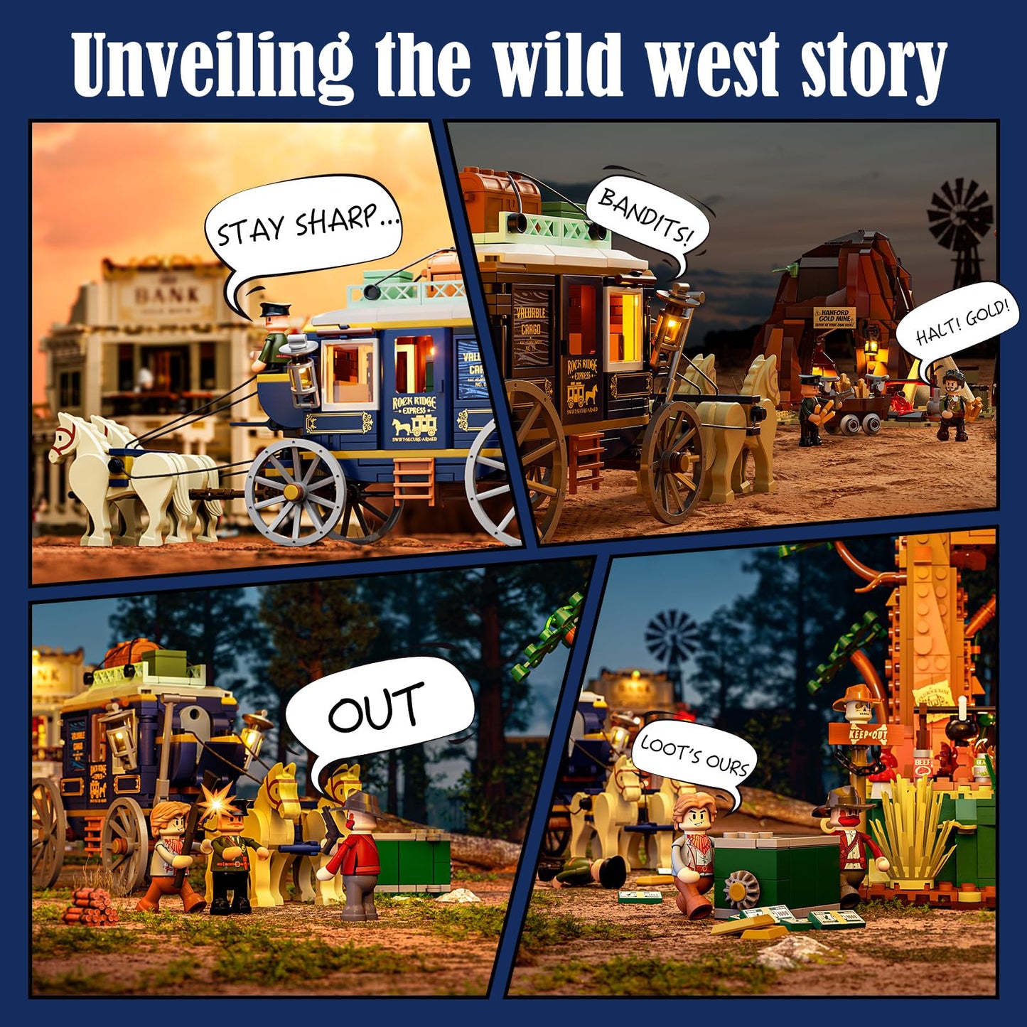 Lumibricks Western Treasure Stagecoach Lighting Building-Bricks Set - Old West Carriage and Horse 307 Pcs Collection Display Set for West Lovers