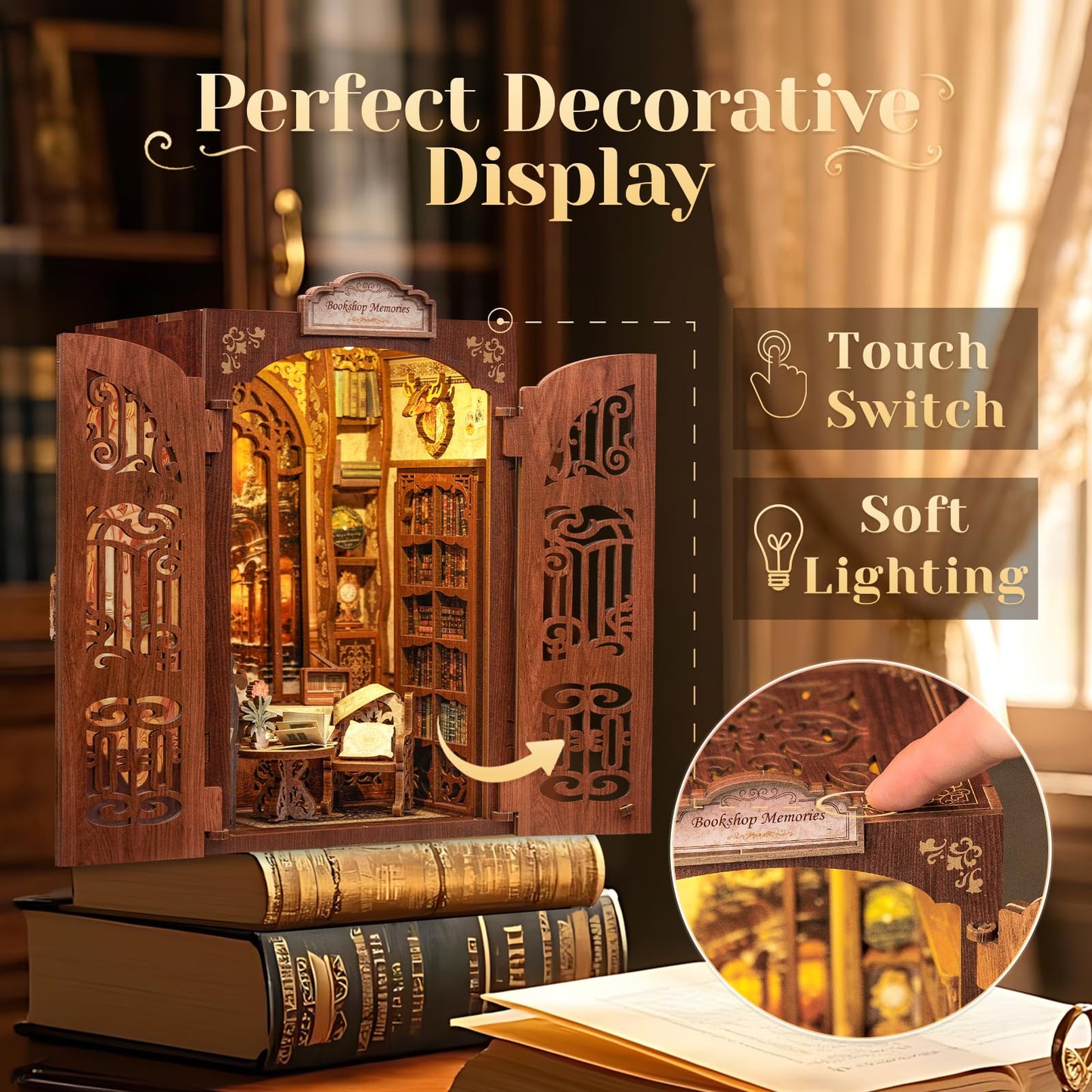 CUTEBEE DIY Book Nook Kit  Miniature House Kits for mature-themed and Teens  DIY Miniature Book Nook kit with Sensor Led Light  Gifts for Lovers and Family (Bookshop Memories)