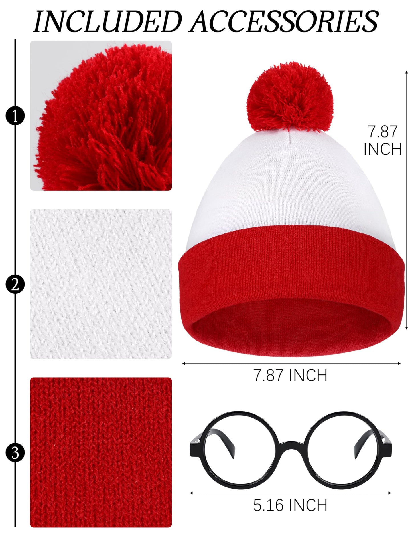 Fancyfun 3 Pieces Kids Halloween Costume Set, Boys Costume Red And White Striped Shirt Beanie Hat Glasses For Cosplay Party 3-4T
