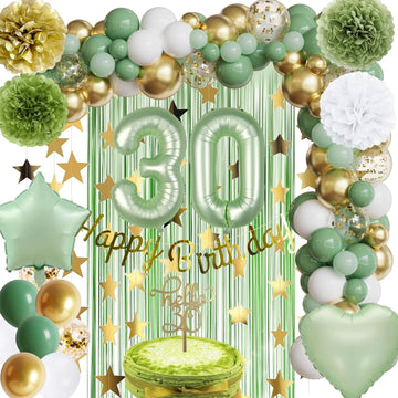 Sage Green 30Th Birthday Decorations,Olive Green Gold Balloon Garland,Happy Birthday Banner,Tissue Pom Pom,Foil Backdrop,Cake Topper For Women Her Boho Neutral Green 30Th Birthday Anniversary Supplies