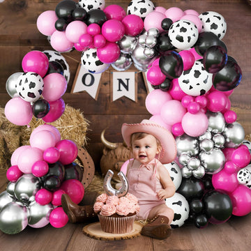Hot Pink And Black Balloons Arch Kit, 110 Pcs Farm Cow Print Balloon Arch Garland Kit With Metallic Silver Balloons Light Baby P