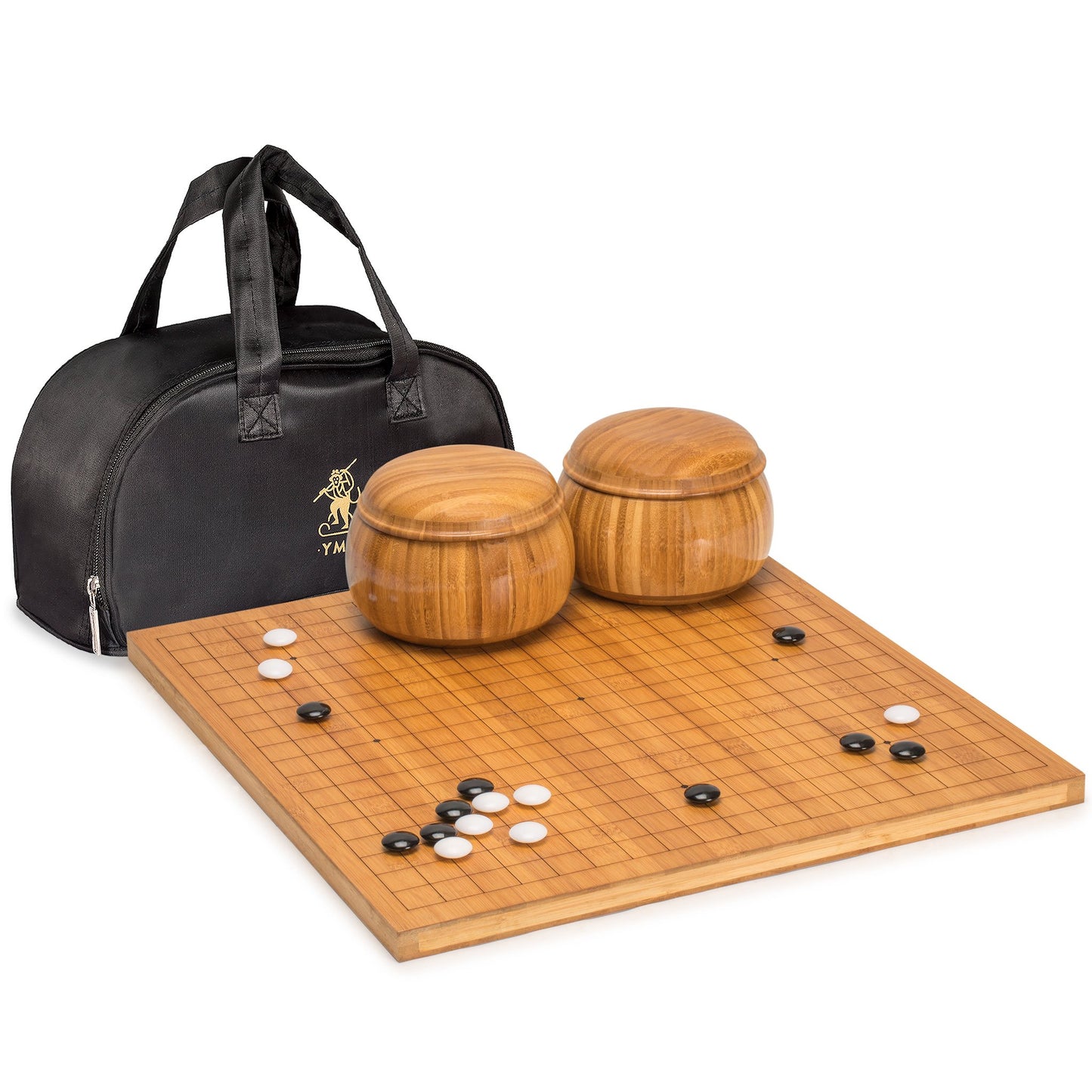 Yellow Mountain Imports Bamboo Go Game Set - Etched Reversible 19x19/13x13, Double Convex Stones, Bamboo Bowls, Brown, Model YN-TB003-A_FX