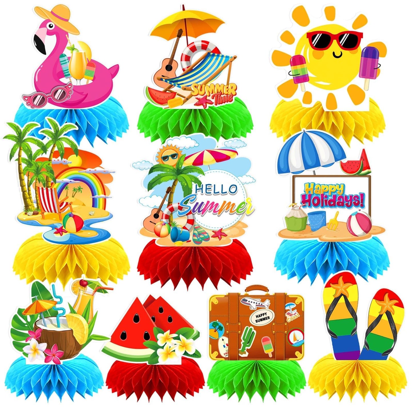 DTOFOOT 10Pcs Summer Party Decorations for Table,Hello Summer Honeycomb Centerpiece Hawaii Beach Pool Party Table Topper Decorat