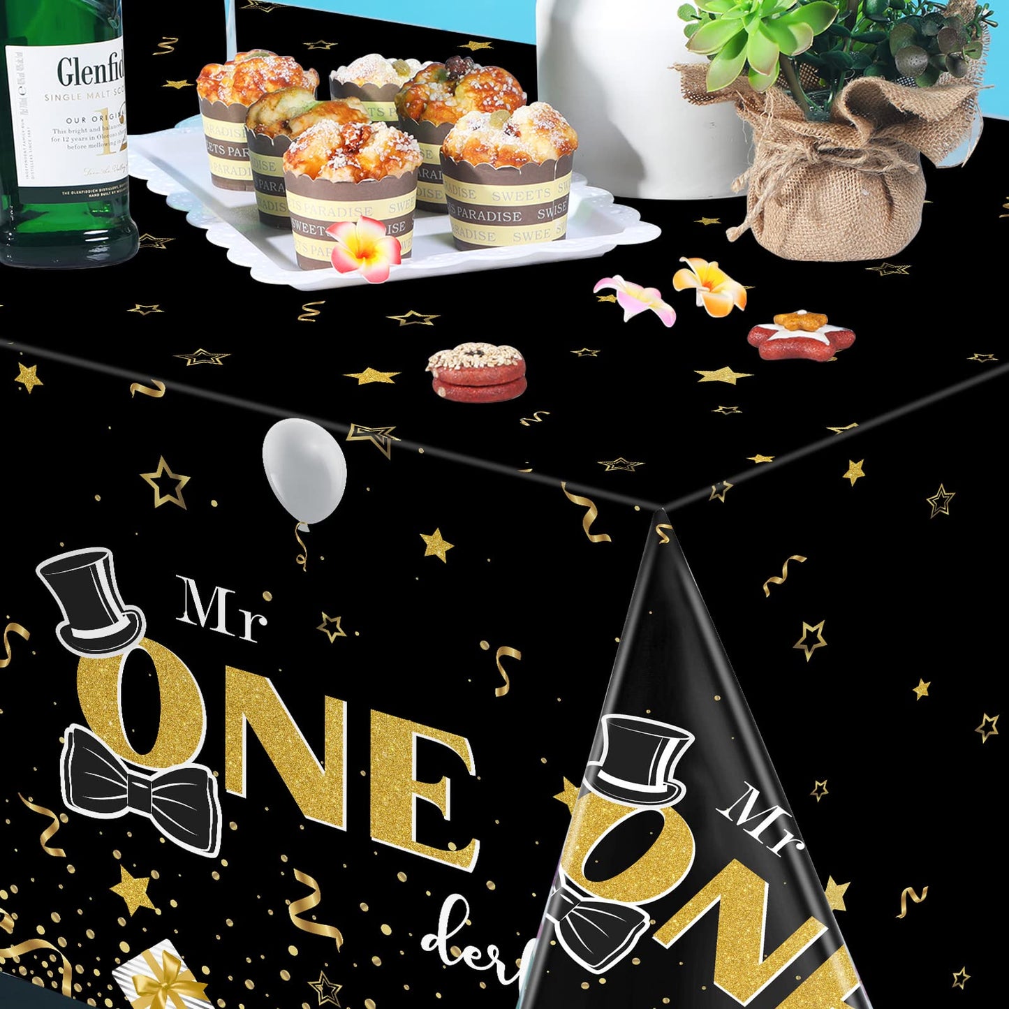 Tiamon Black Plastic Rectangular 54 x 108 Tablecloth Set of 3 for Baby Boy First Birthday Party