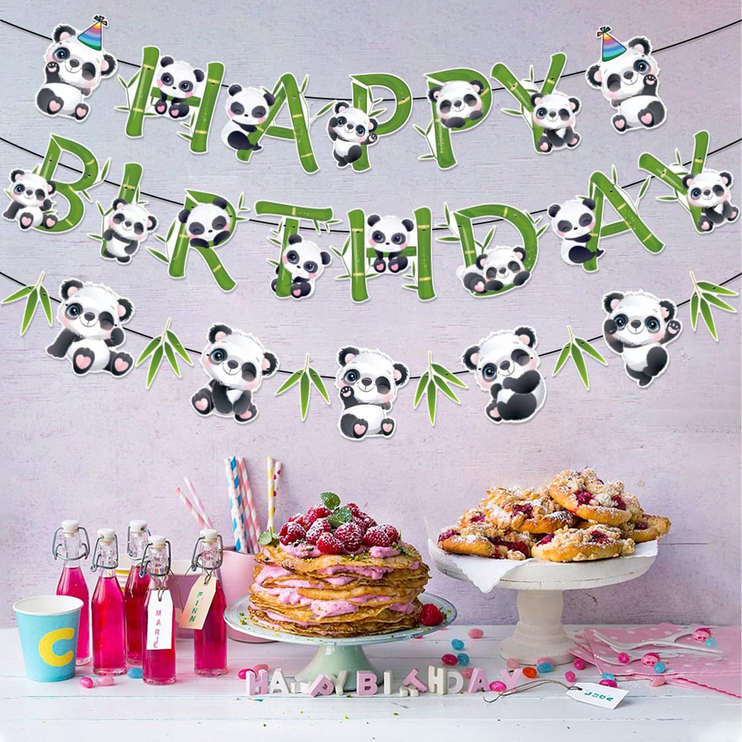Zwiebeco Birthday Party Decoration Supplies Green Black White Happy Birthday Sign Banner Bamboo Leaves Pandas Banner Hanging Pap