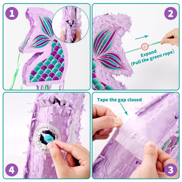 Wernnsai Foldable Mermaid Piñata - Pull String Mermaid Birthday Party Supplies Mermaid With Blindfold Bat And Tassels Mermaid Party Decoration Games Folding Purple Mermaid Piñatas For Classroom Game