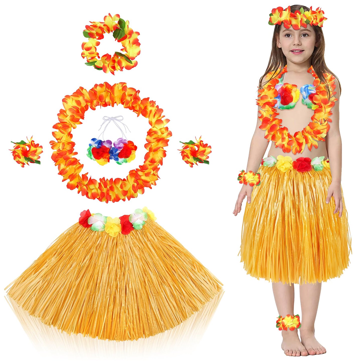 Fortuning's JDS 40cm Girl's Hawaiian Hula Grass Skirt with Flowers Costume for Luau Beach Party Performance Outfits Decor Gold