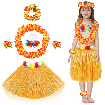 Fortuning's JDS 40cm Girl's Hawaiian Hula Grass Skirt with Flowers Costume for Luau Beach Party Performance Outfits Decor Gold
