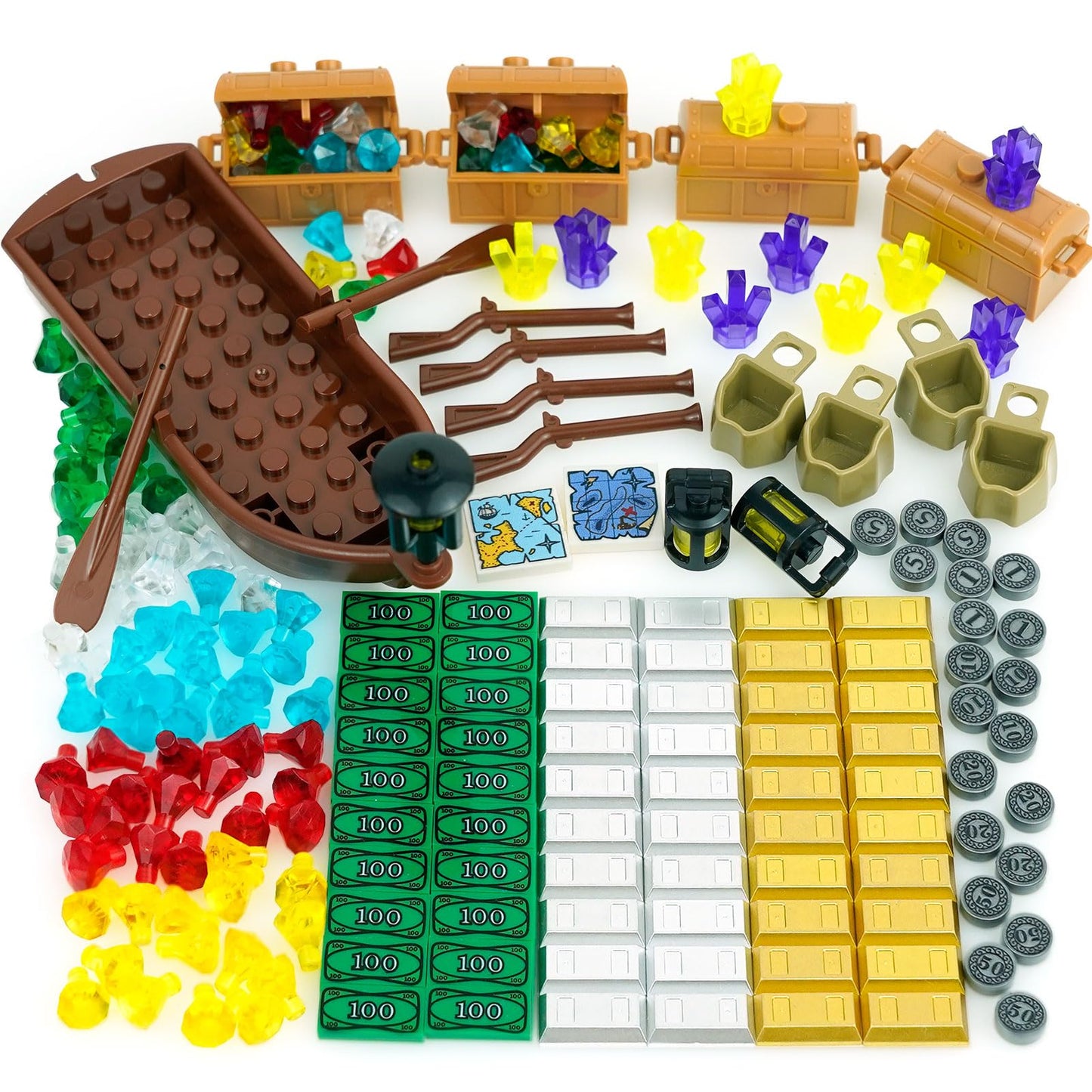 210 Pieces Money Treasure Chest City Bank Accessories Building Block, Pirate Ships Maps Dollar Jewel Gems Diamonds Gold Bar Coins Bricks Pieces, Crystals Bill Cash Parts Sets