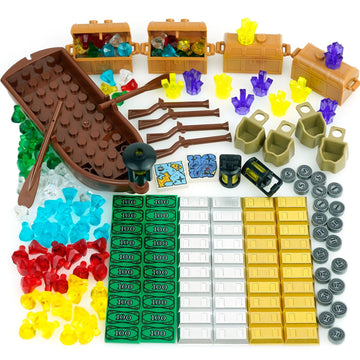 210 Pieces Money Treasure Chest City Bank Accessories Building Block, Pirate Ships Maps Dollar Jewel Gems Diamonds Gold Bar Coins Bricks Pieces, Crystals Bill Cash Parts Sets